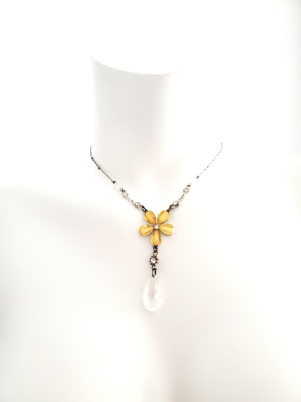 Yellow Flower Pendant Necklace with Clear Teardrop - Women Jewelry